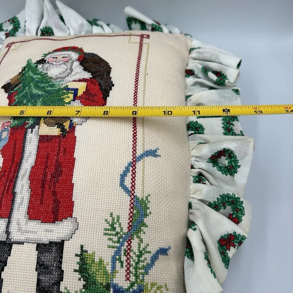 Vtg Original Cross‎ Stitch Santa Claus & Christmas Pillow